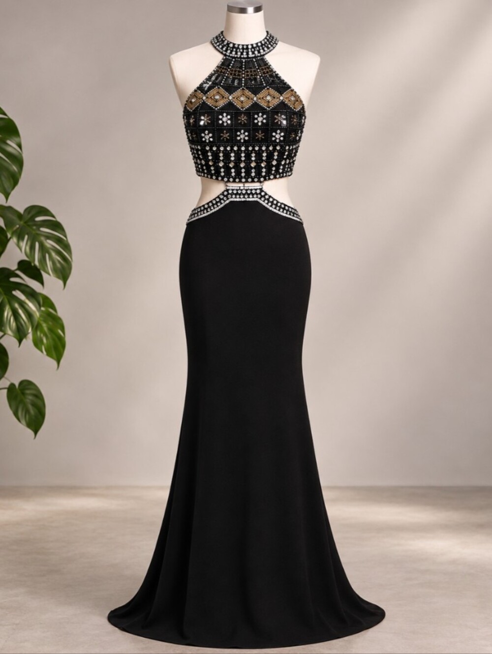 Xscape Beaded Cut-Out Halter Maxi Dress
